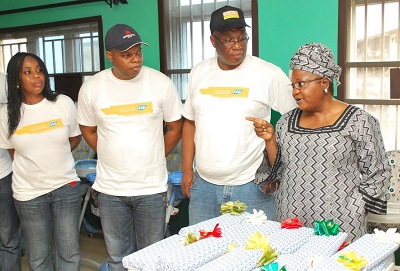 (L-r): Mrs Ayokanmi Ayuba, partner account manager and Activity Driver, Kelechi Nwosu, head, Ecosystem and Channels, Mike Okwechime, account manager, all of Systems Applications Products (SAP) West Africa and Mrs Laja Adedoyin, founder, Hearts of Gold Children Hospice, during presentation of gifts to care-givers at the Hospice as part of activities to commemorate the company's Month of Service in Lagos.